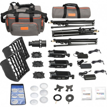 Godox SA-D Kit di 3 illuminatori a led S30 con messa a fuoco + 3 stativi + 2 softbox + accessori