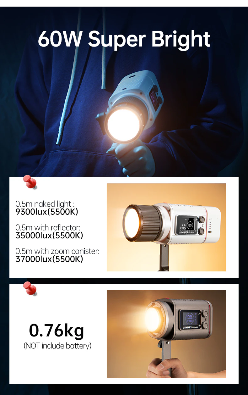 Jinbei EF-60Bi mobile LED-Videoleuchte (Reflektor, Zoom, Akku und Tasche) Jinbei EF-60Bi LED-Leuchten-Set – Bild 5