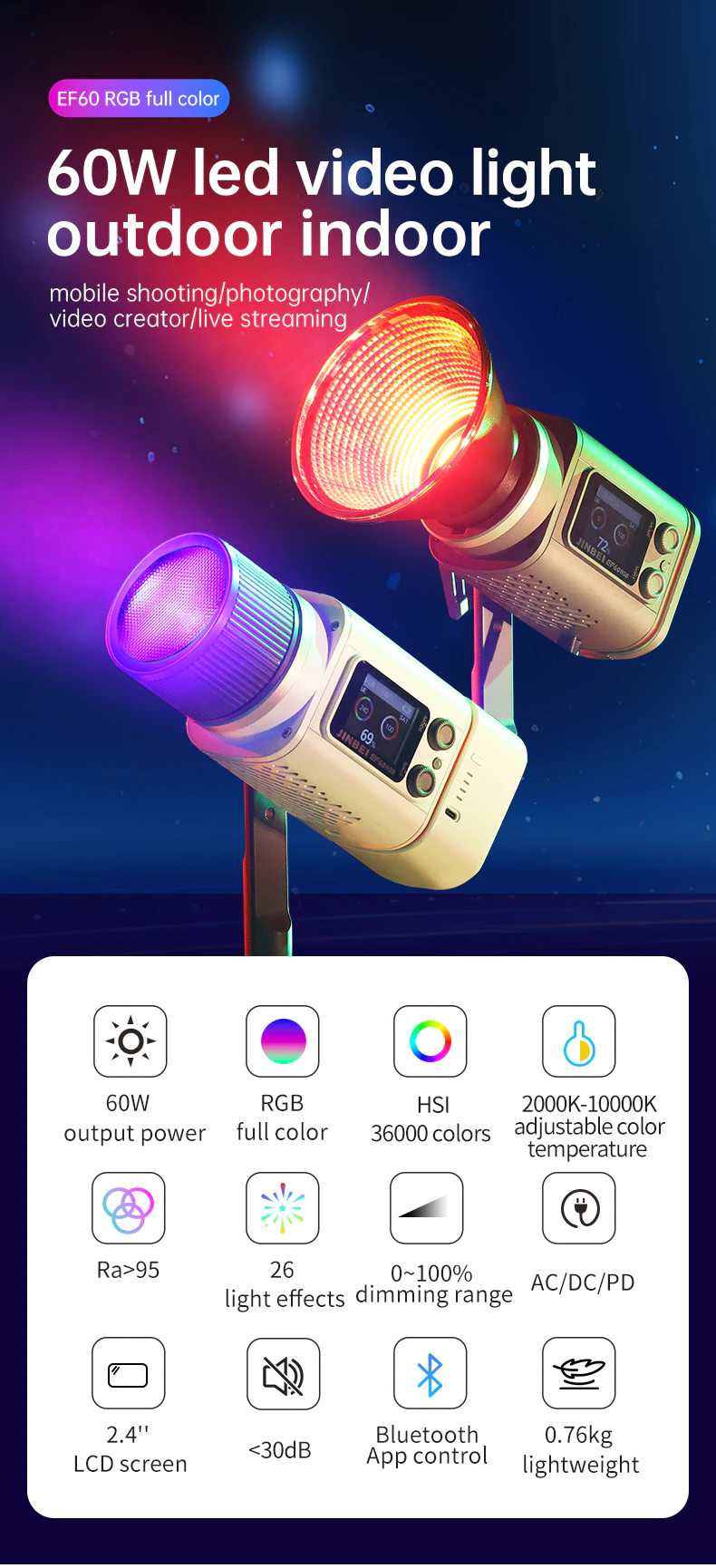 Jinbei EF-60RGB mobile LED-Videoleuchte (mit Reflektor und Zoom) Jinbei EF-60RGB LED-Leuchte – Bild 6