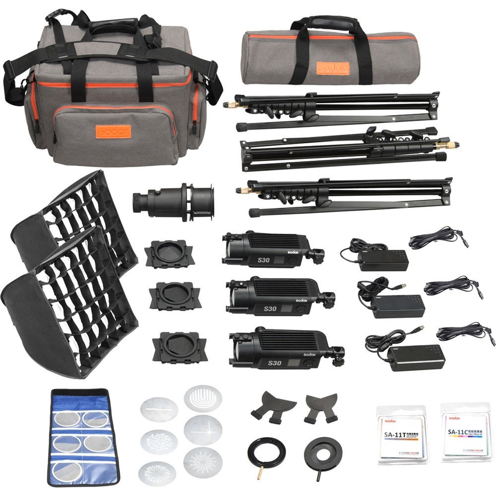 Godox SA-D S30 Focusing LED 3-Light Kit 3x S30 Light, 3x Light Stand, 1x Projection Attachment, 2x Softbox – fotografie 2